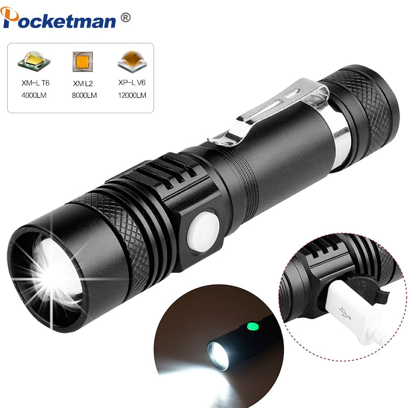 6200LM Super Bright Led flashlight USB linterna led torch T6/L2/V6 Power Tips Zoomable Bicycle Light 18650 Rechargeable