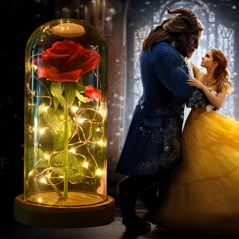 Artificial Flowers Red Roses Decoration Beauty and the Beast with Glass Dome Wood Base Fake Flowers for New Year Valentine Gifts