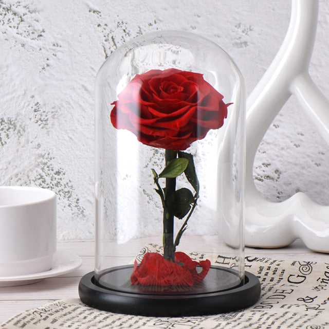 Artificial Flowers Red Roses Decoration Beauty and the Beast with Glass Dome Wood Base Fake Flowers for New Year Valentine Gifts