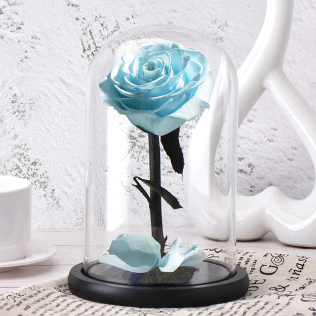 Artificial Flowers Red Roses Decoration Beauty and the Beast with Glass Dome Wood Base Fake Flowers for New Year Valentine Gifts