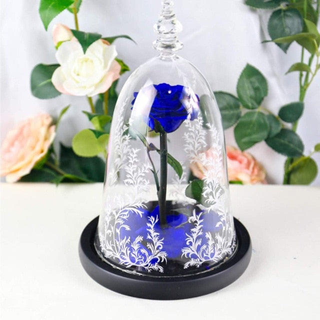 Artificial Flowers Red Roses Decoration Beauty and the Beast with Glass Dome Wood Base Fake Flowers for New Year Valentine Gifts