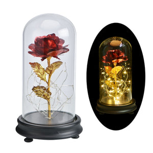 Artificial Flowers Red Roses Decoration Beauty and the Beast with Glass Dome Wood Base Fake Flowers for New Year Valentine Gifts