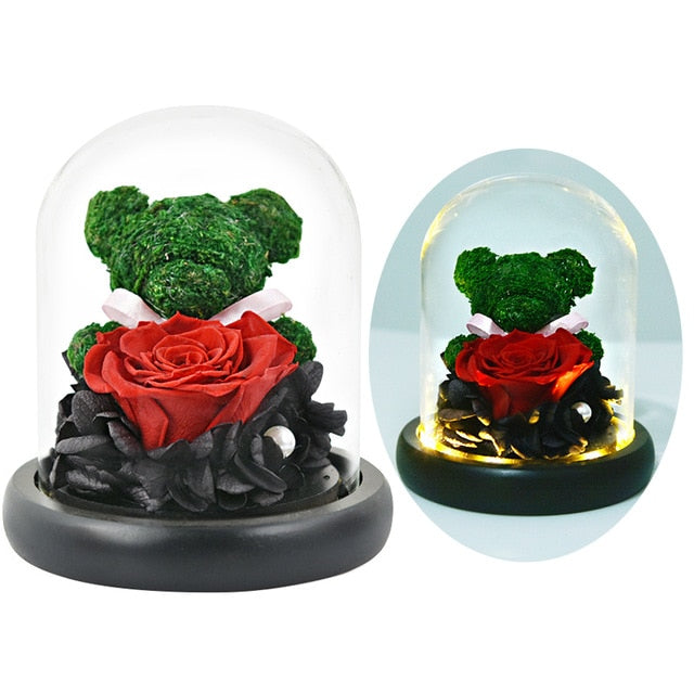 Artificial Flowers Red Roses Decoration Beauty and the Beast with Glass Dome Wood Base Fake Flowers for New Year Valentine Gifts